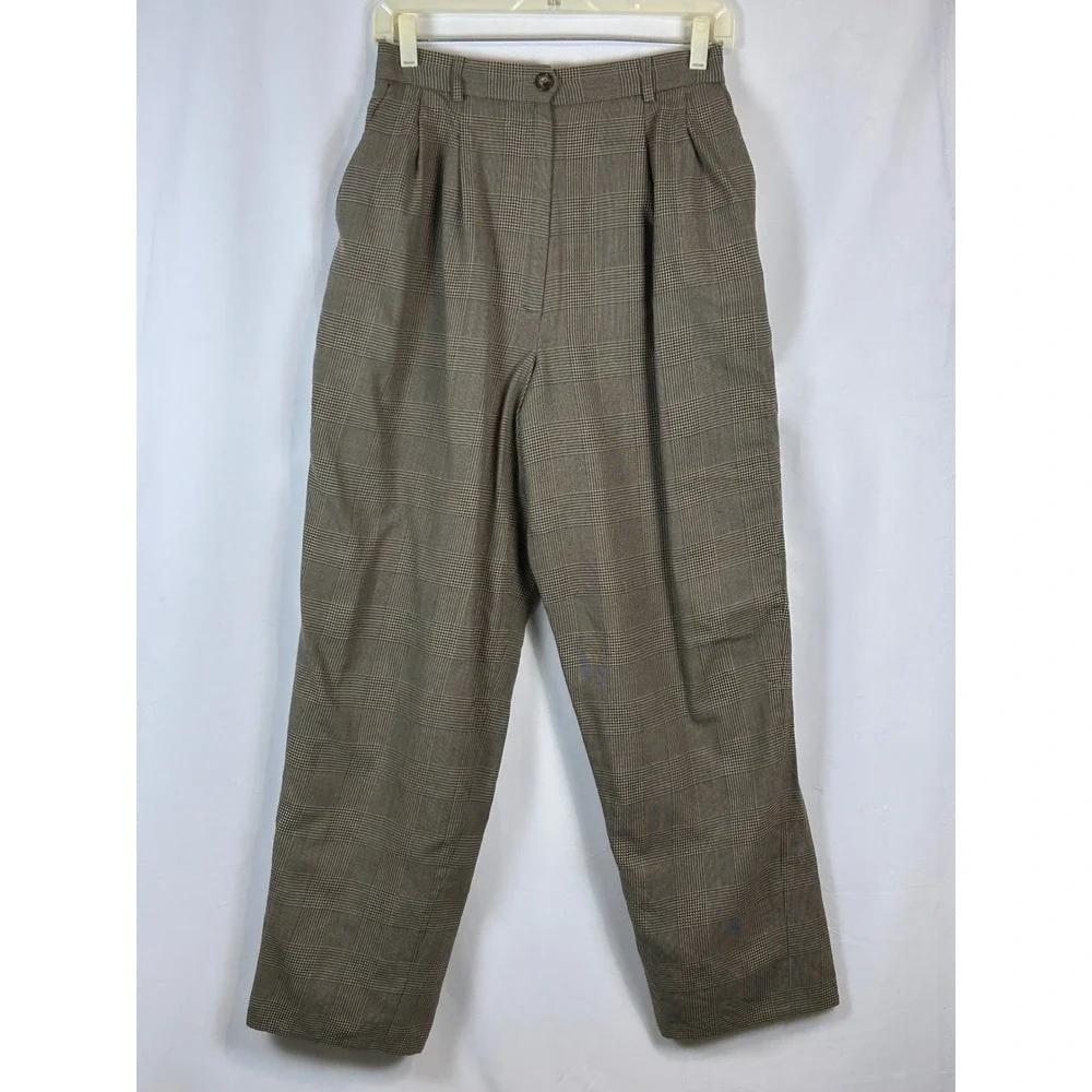 Vintage High Waisted Pleated Plaid Trousers Brown Glen Check Tapered Pants 10